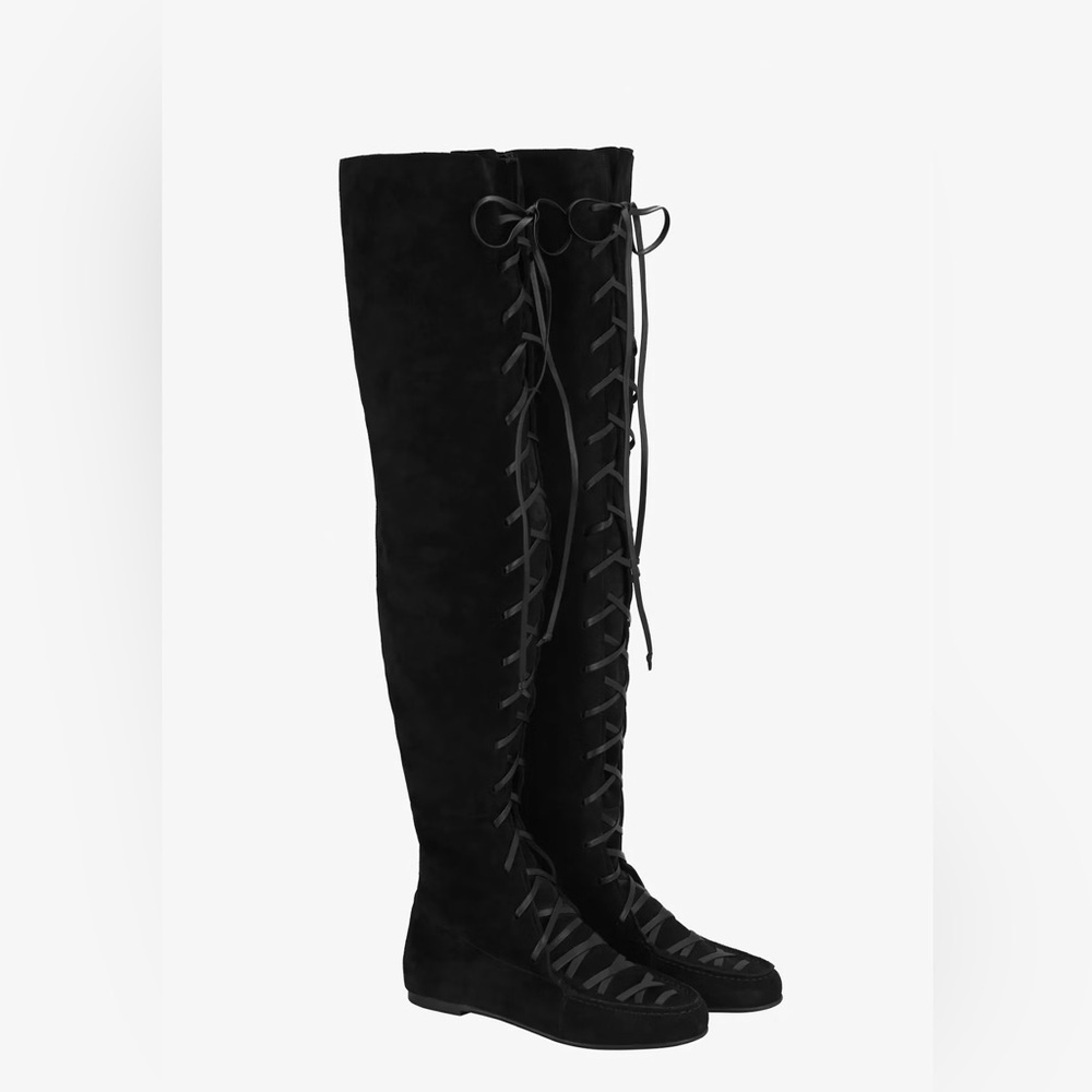 Zara Stefano Pilati Suede Leather Over-the-Knee Lace-Up Boots - Black
